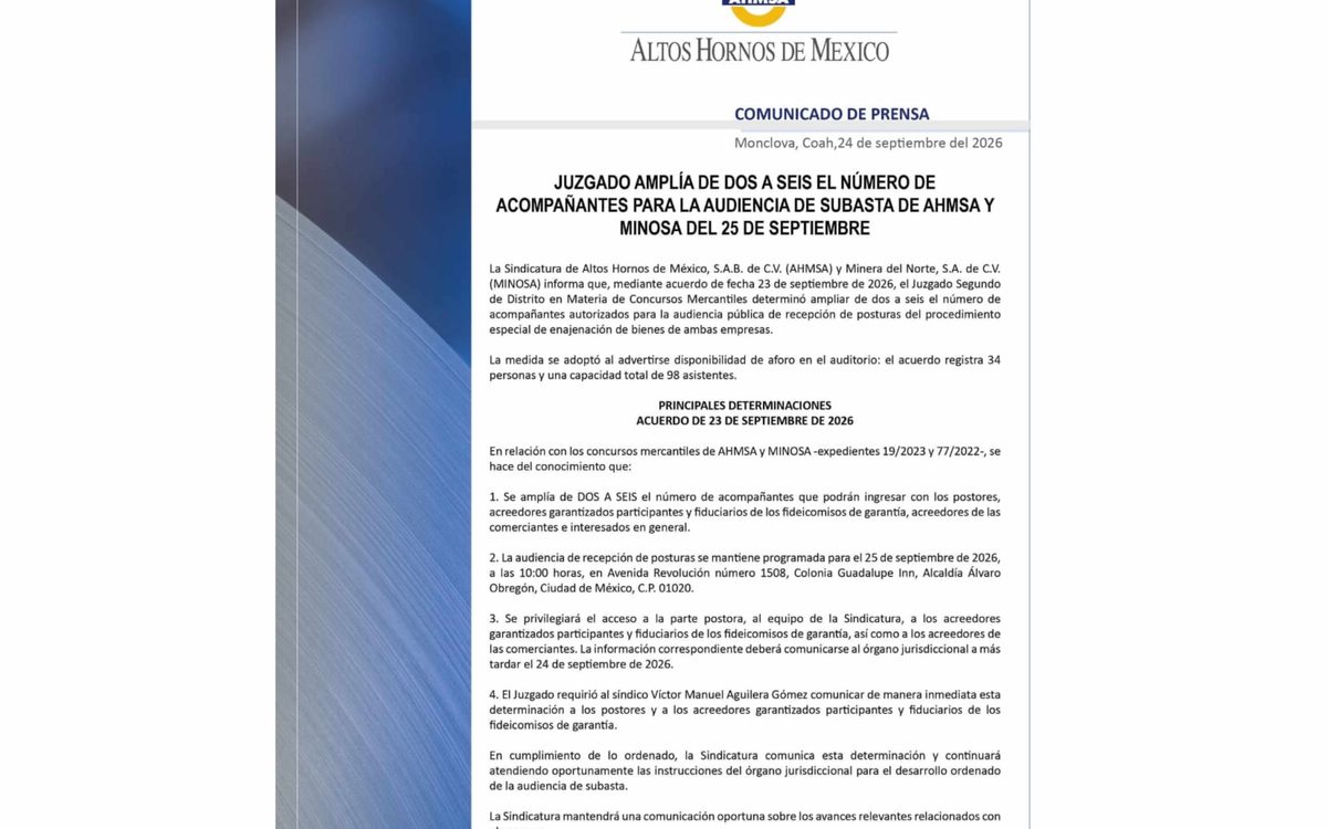VA SUBASTA DE AHMSA ESTE VIERNES