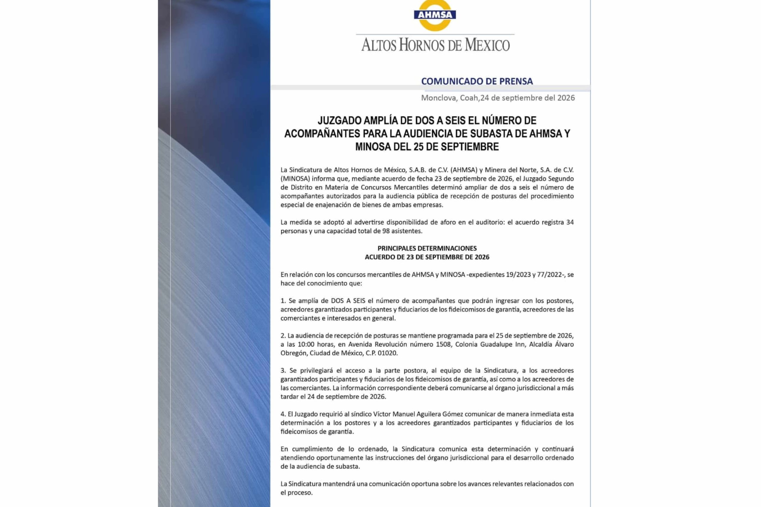 VA SUBASTA DE AHMSA ESTE VIERNES