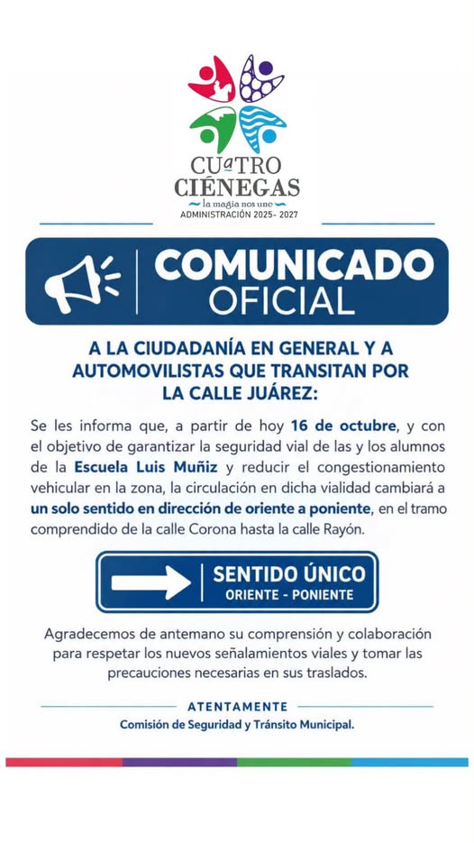 Modifica Ciénegas la circulación vial