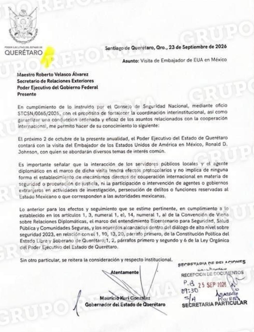 Dicen en Querétaro que se notificó  a SRE, SSPC, Defensa y GN