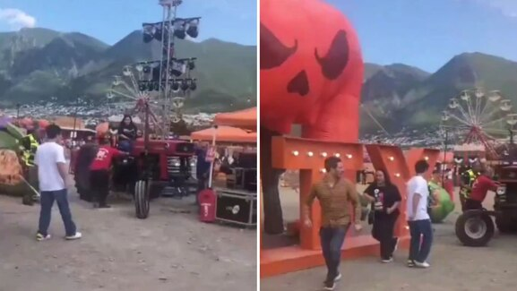 Mujer al volante de un tractor destruye calabaza gigante en festival de otoño en Nuevo León