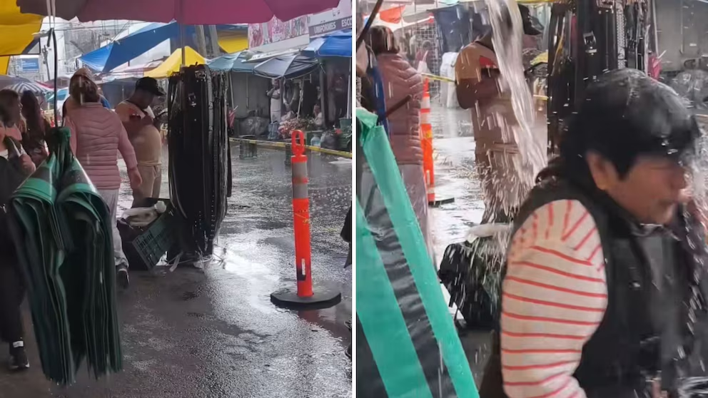 Mujer recibe tremendo “bautizo de mercado” cuando una lona colapsa por el agua de lluvia